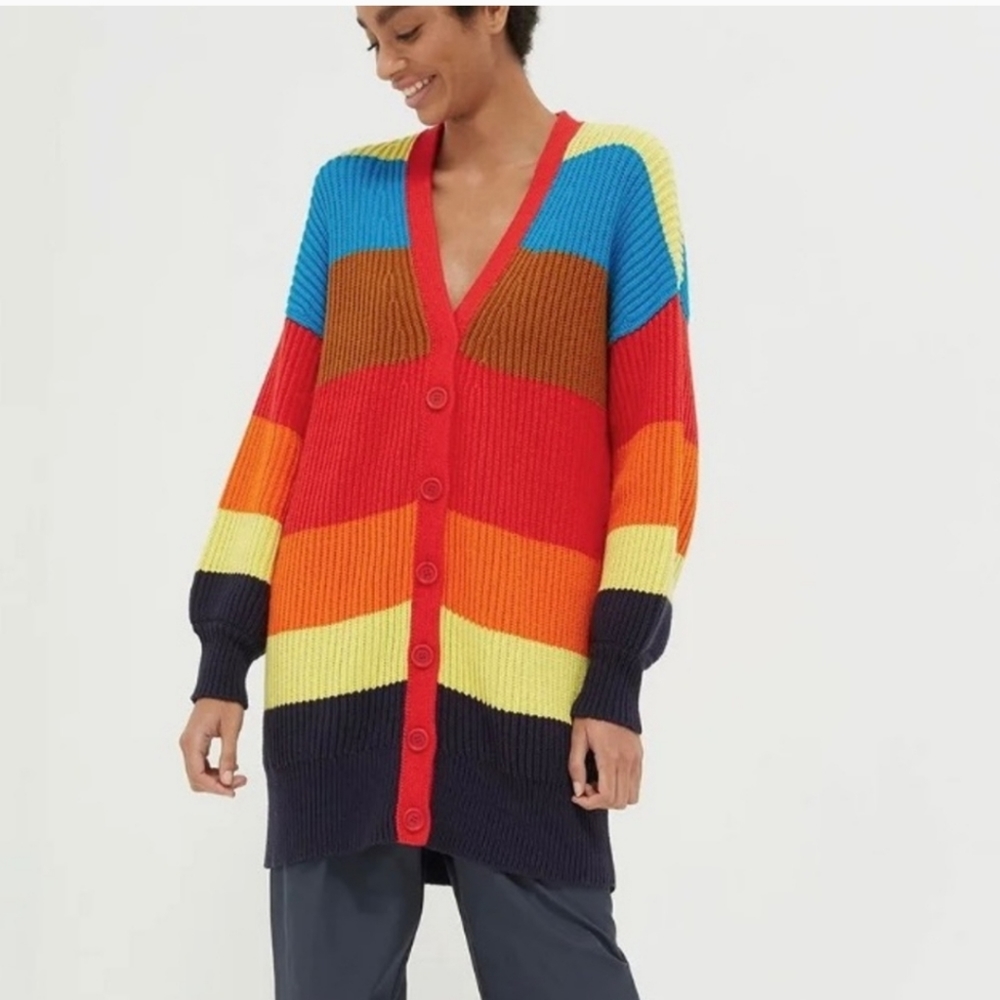 Chinti & Parker Rainbow Riviera Stripe Chunky Knit Cardigan, fit like XL
